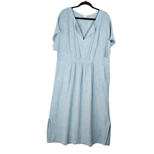 POETRY‎  Midi Linen Dress Sz 14 Powder Blue Shawl-Collar Lagenlook Pocket Art